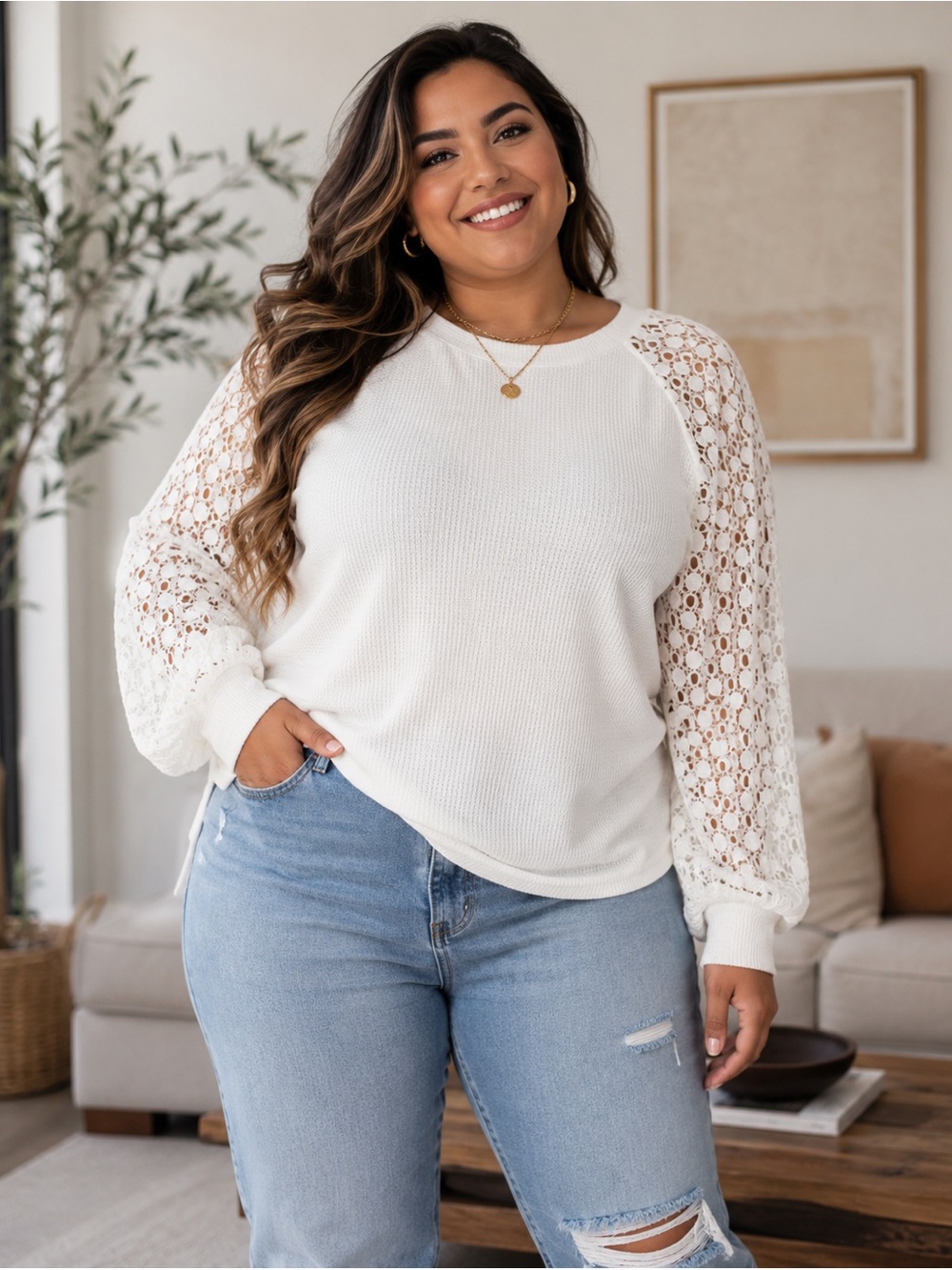 MIHOLL White Waffle Knit Lace Sleeve Top XXL NWT Casual Boho